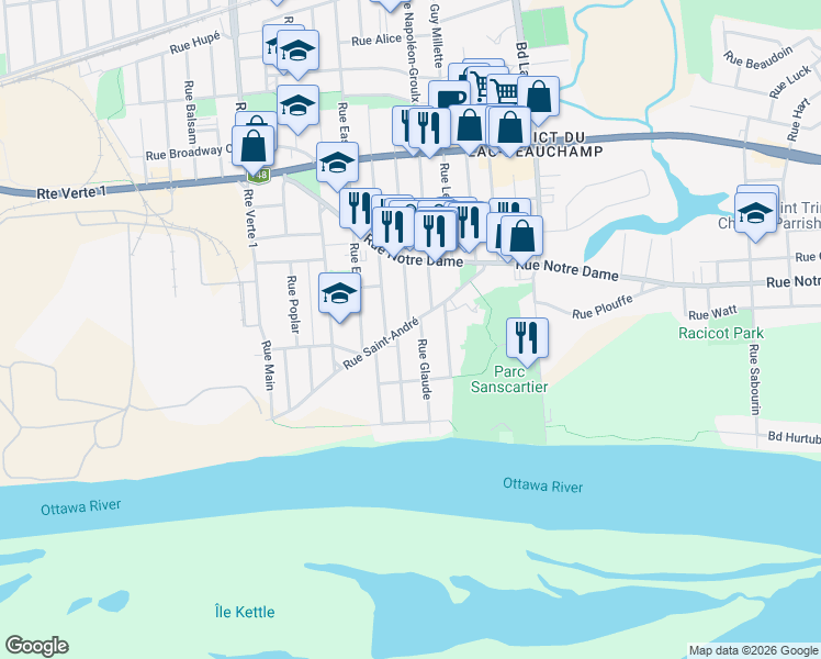 map of restaurants, bars, coffee shops, grocery stores, and more near 290 Rue Saint-André in Gatineau