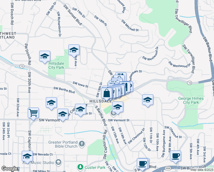map of restaurants, bars, coffee shops, grocery stores, and more near 6022 Southwest 18th Drive in Portland