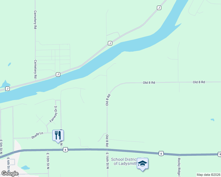 map of restaurants, bars, coffee shops, grocery stores, and more near N5270 Riverview Road in Ladysmith