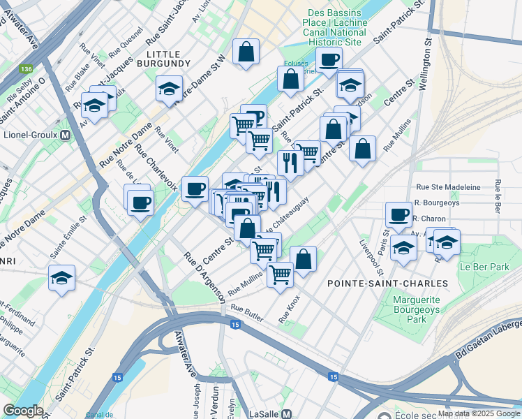map of restaurants, bars, coffee shops, grocery stores, and more near 2429 Rue Centre in Montréal