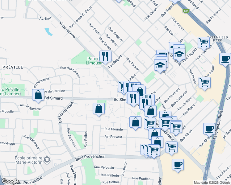 map of restaurants, bars, coffee shops, grocery stores, and more near 217 Place de Strasbourg in Saint-Lambert