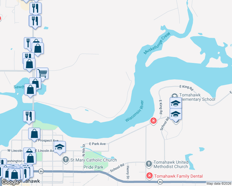 map of restaurants, bars, coffee shops, grocery stores, and more near 1001 Deer Park Road in Tomahawk