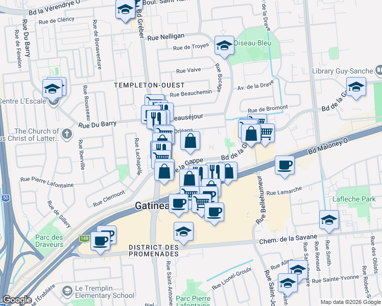 map of restaurants, bars, coffee shops, grocery stores, and more near 495 Boulevard de la Gappe in Gatineau