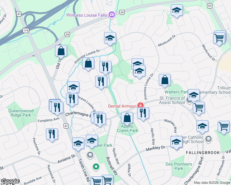 map of restaurants, bars, coffee shops, grocery stores, and more near 1523 Briarfield Crescent in Ottawa