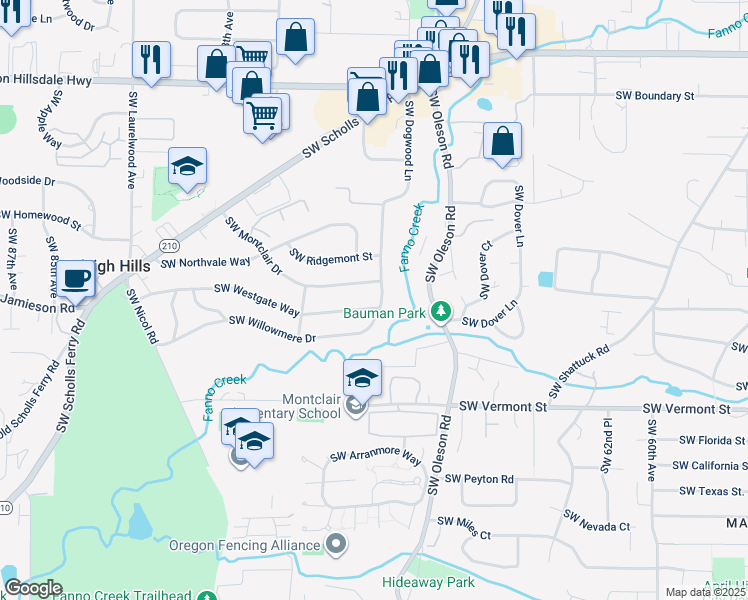 map of restaurants, bars, coffee shops, grocery stores, and more near 7160 Southwest Montclair Drive in Portland