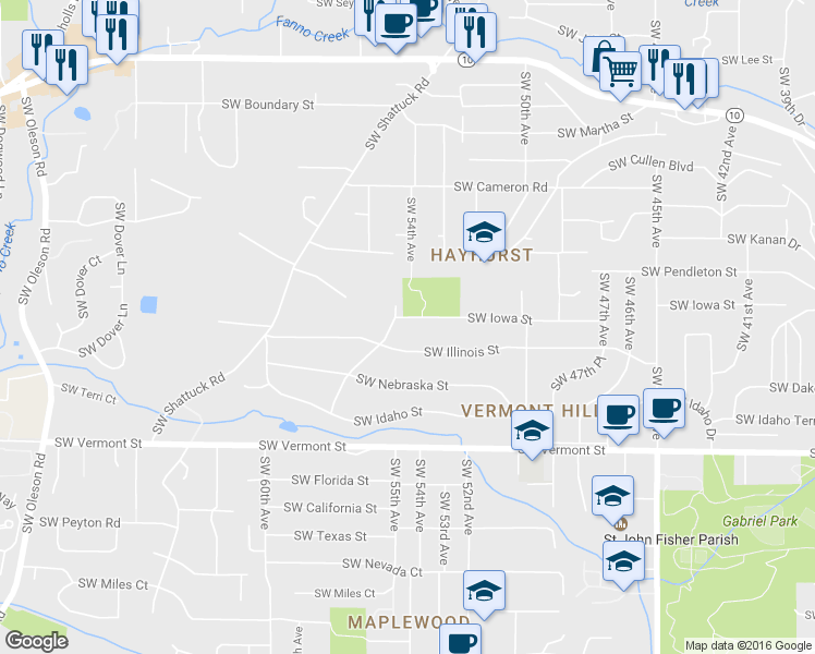 map of restaurants, bars, coffee shops, grocery stores, and more near 5424 Southwest Iowa Street in Portland