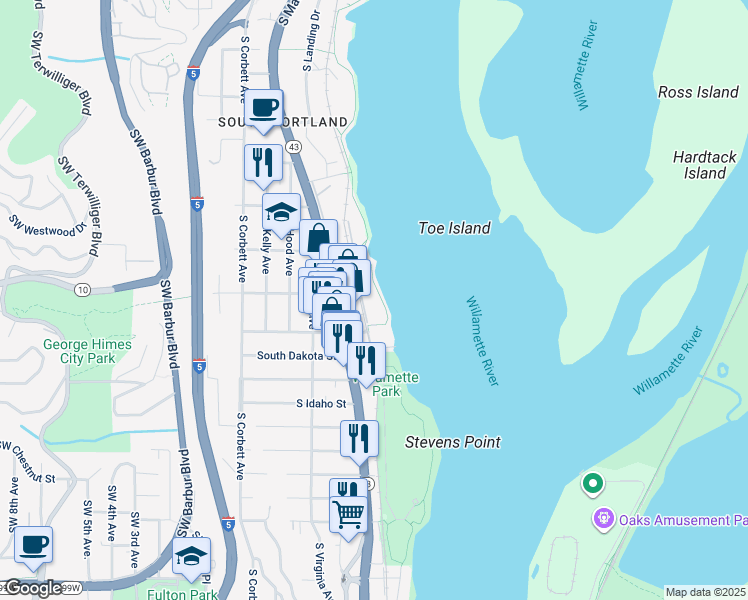 map of restaurants, bars, coffee shops, grocery stores, and more near 6114 South Riverpoint Lane in Portland