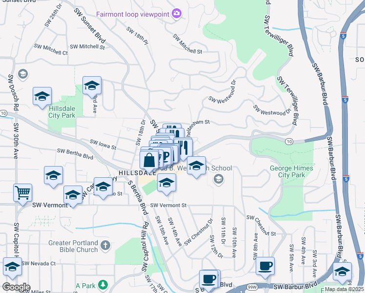 map of restaurants, bars, coffee shops, grocery stores, and more near 1264 Southwest Cheltenham Street in Portland
