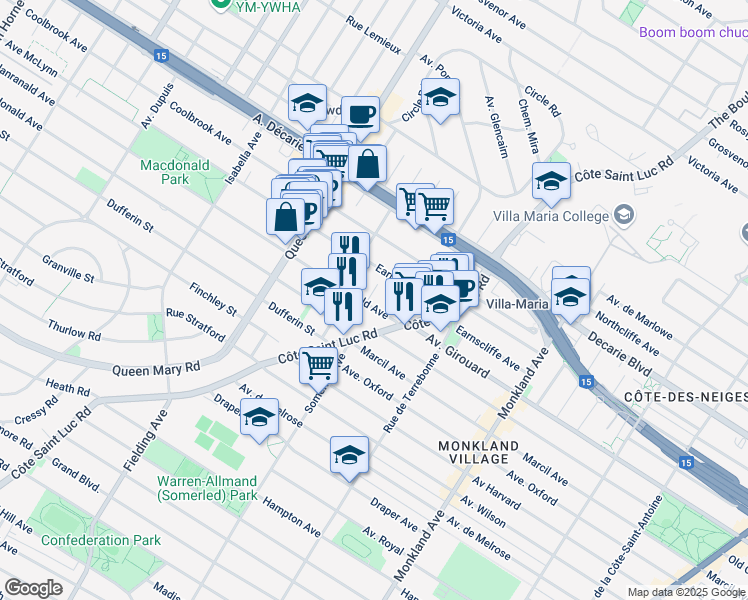 map of restaurants, bars, coffee shops, grocery stores, and more near 5530 Avenue Avonmore in Montréal