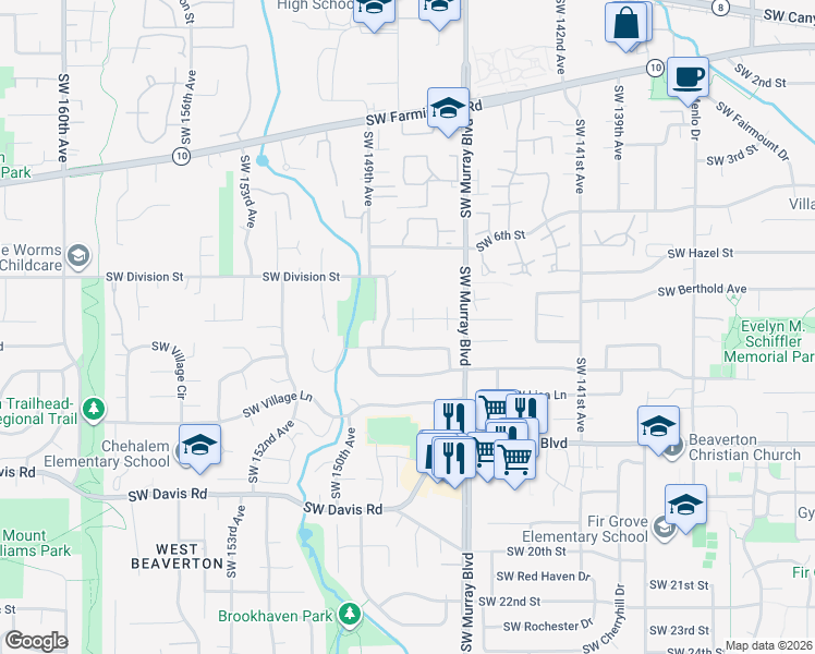 map of restaurants, bars, coffee shops, grocery stores, and more near 14720 Southwest Grayling Lane in Beaverton