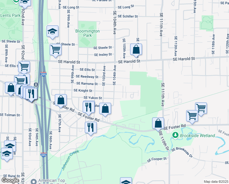 map of restaurants, bars, coffee shops, grocery stores, and more near 10353 Southeast Knight Street in Portland