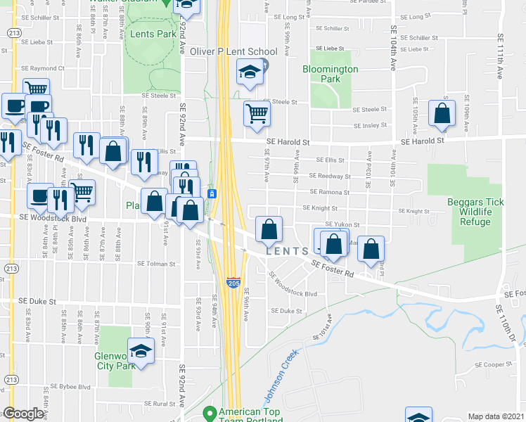 map of restaurants, bars, coffee shops, grocery stores, and more near 9659 Southeast Knight Street in Portland