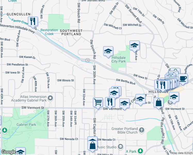map of restaurants, bars, coffee shops, grocery stores, and more near 2923 Southwest Bertha Boulevard in Portland
