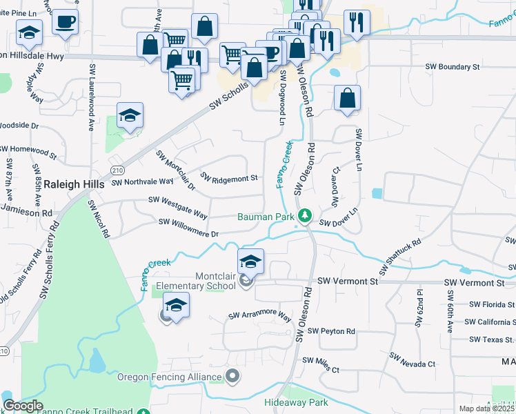 map of restaurants, bars, coffee shops, grocery stores, and more near 7160 Southwest Montclair Drive in Portland