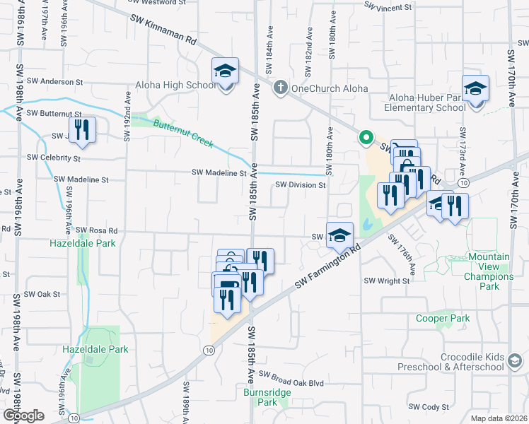 map of restaurants, bars, coffee shops, grocery stores, and more near 18445 Southwest Deline Street in Aloha