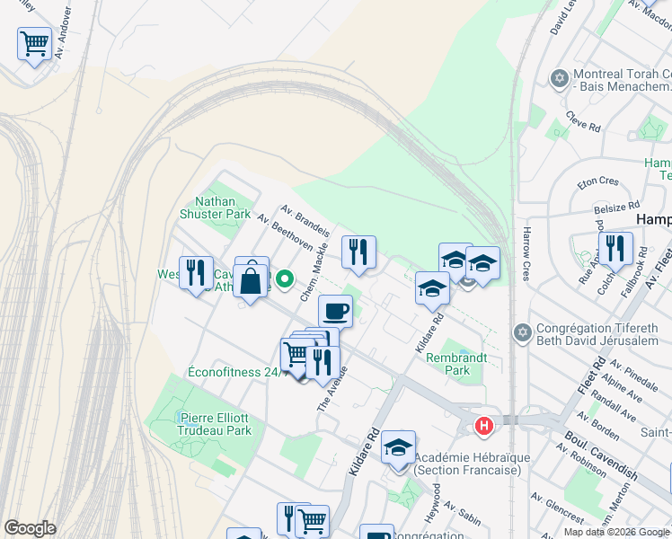 map of restaurants, bars, coffee shops, grocery stores, and more near 5850 Avenue Marc Chagall in Côte Saint-Luc