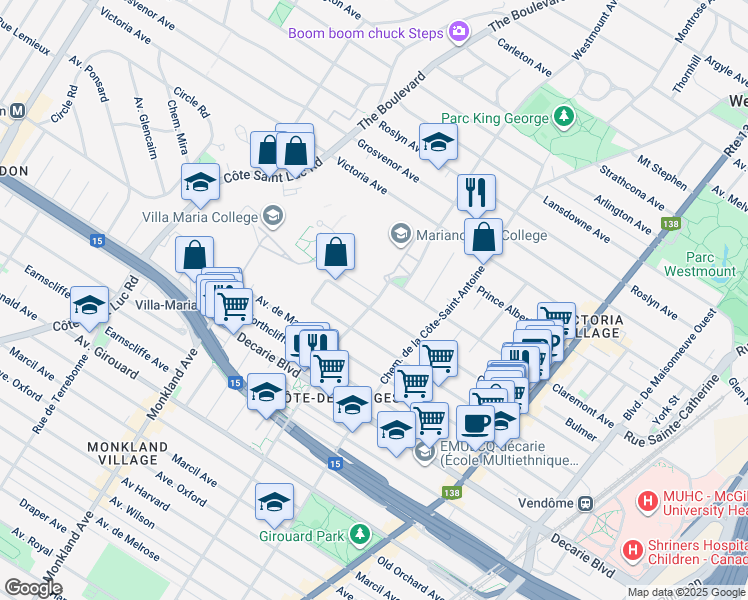 map of restaurants, bars, coffee shops, grocery stores, and more near 5053 Avenue Notre Dame de Grace in Montréal