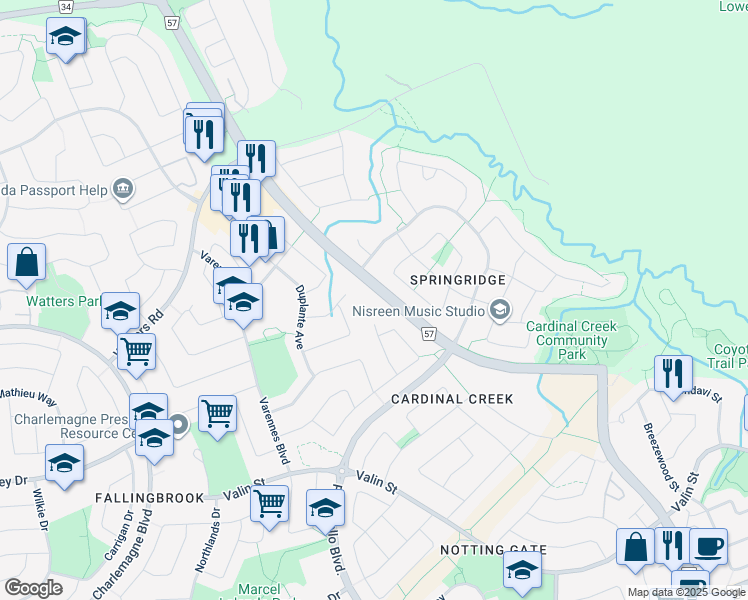map of restaurants, bars, coffee shops, grocery stores, and more near 1660 Trim Road in Ottawa