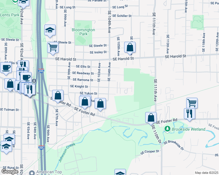 map of restaurants, bars, coffee shops, grocery stores, and more near 10353 Southeast Knight Street in Portland