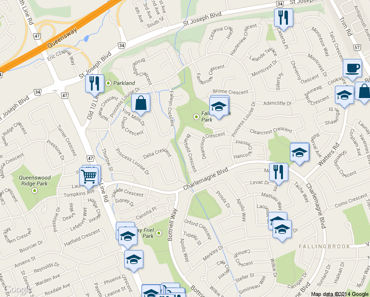 map of restaurants, bars, coffee shops, grocery stores, and more near 1521 Briarfield Crescent in Ottawa