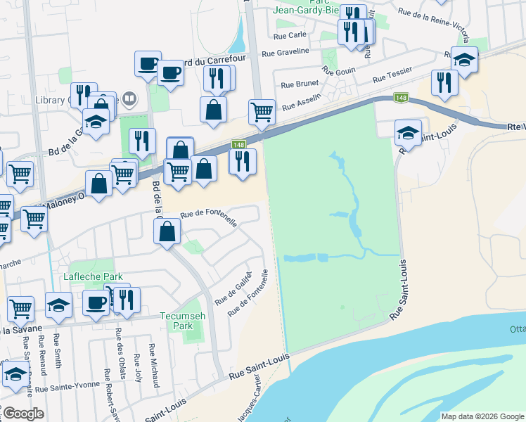 map of restaurants, bars, coffee shops, grocery stores, and more near 159 Rue de Melbourne in Gatineau