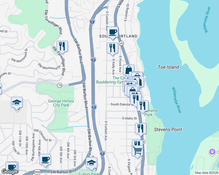 map of restaurants, bars, coffee shops, grocery stores, and more near 216 South Iowa Street in Portland