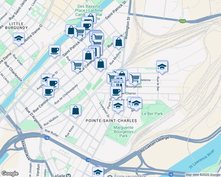 map of restaurants, bars, coffee shops, grocery stores, and more near 670 Rue Bourgeoys in Montréal