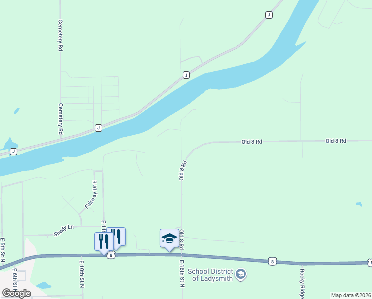 map of restaurants, bars, coffee shops, grocery stores, and more near N5270 Riverview Road in Ladysmith