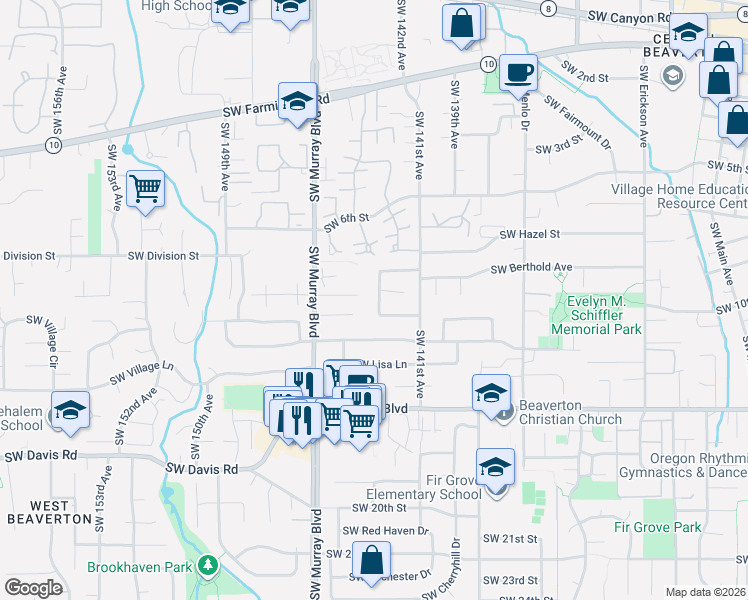 map of restaurants, bars, coffee shops, grocery stores, and more near 5535 Southwest 142nd Avenue in Beaverton