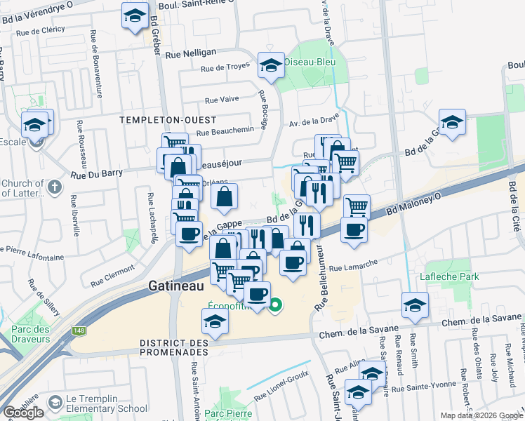 map of restaurants, bars, coffee shops, grocery stores, and more near 535 Boulevard de la Gappe in Gatineau