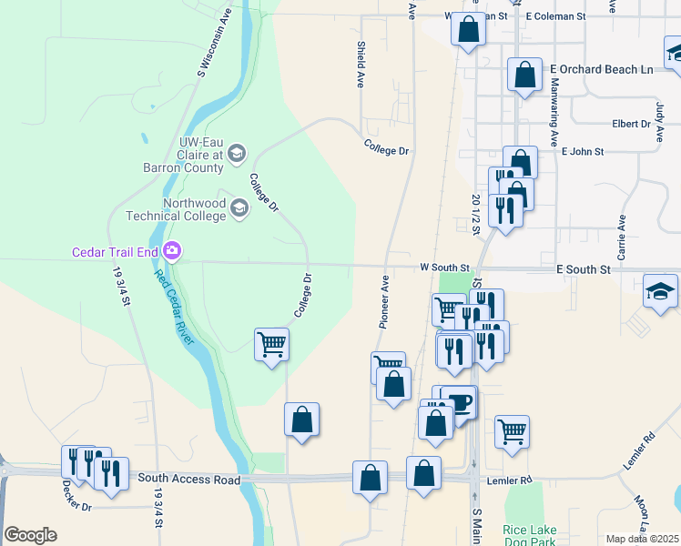 map of restaurants, bars, coffee shops, grocery stores, and more near 314 West South Street in Rice Lake