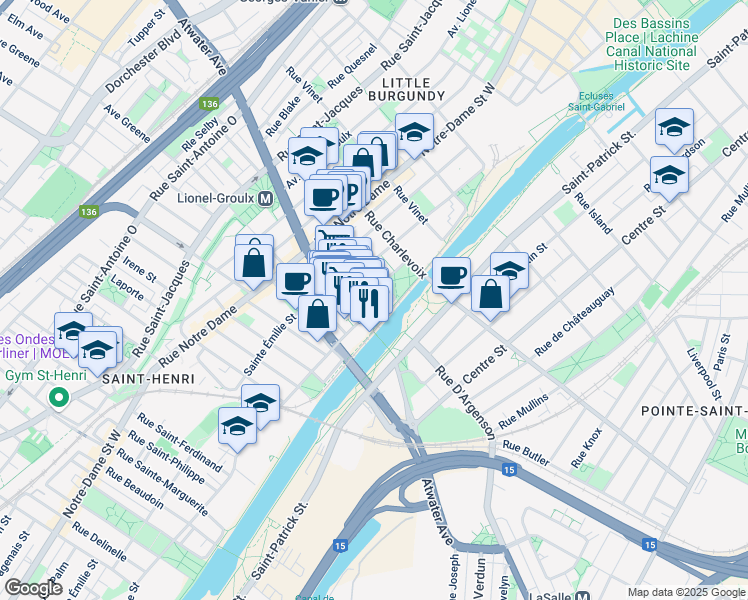 map of restaurants, bars, coffee shops, grocery stores, and more near in Montreal