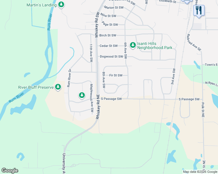 map of restaurants, bars, coffee shops, grocery stores, and more near 709 Greenwood Street Southwest in Isanti