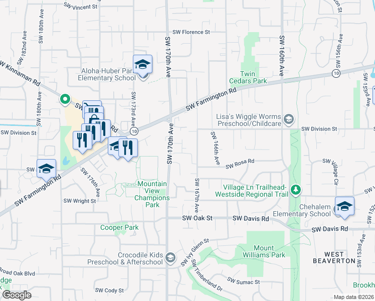 map of restaurants, bars, coffee shops, grocery stores, and more near 5560 Southwest Norris Terrace in Aloha