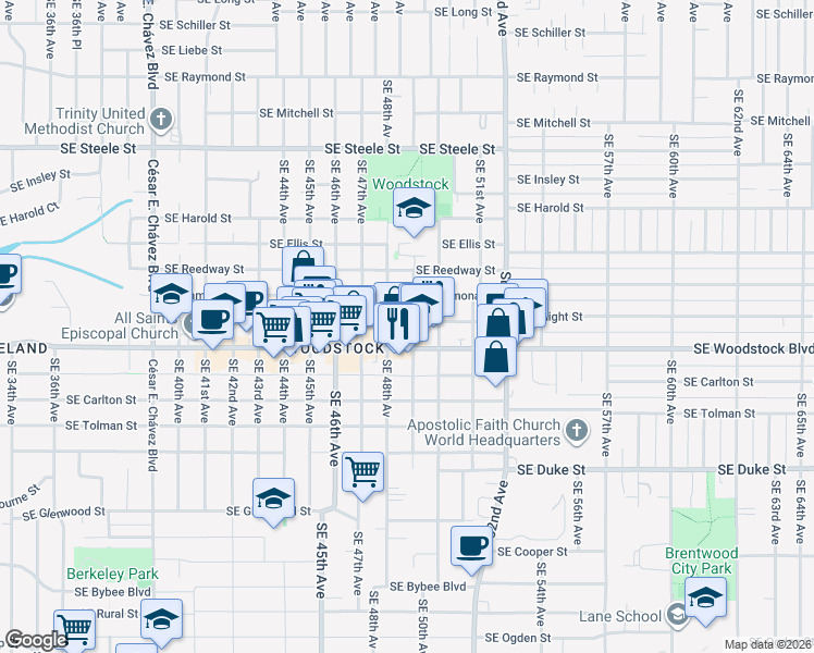 map of restaurants, bars, coffee shops, grocery stores, and more near 5903 Southeast 49th Avenue in Portland