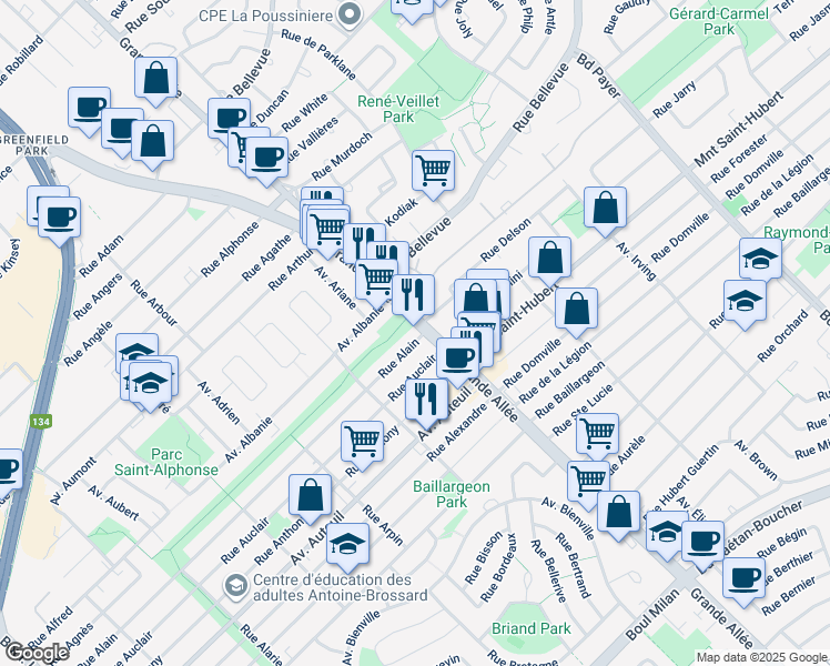 map of restaurants, bars, coffee shops, grocery stores, and more near 5235 Grande Allée in Brossard
