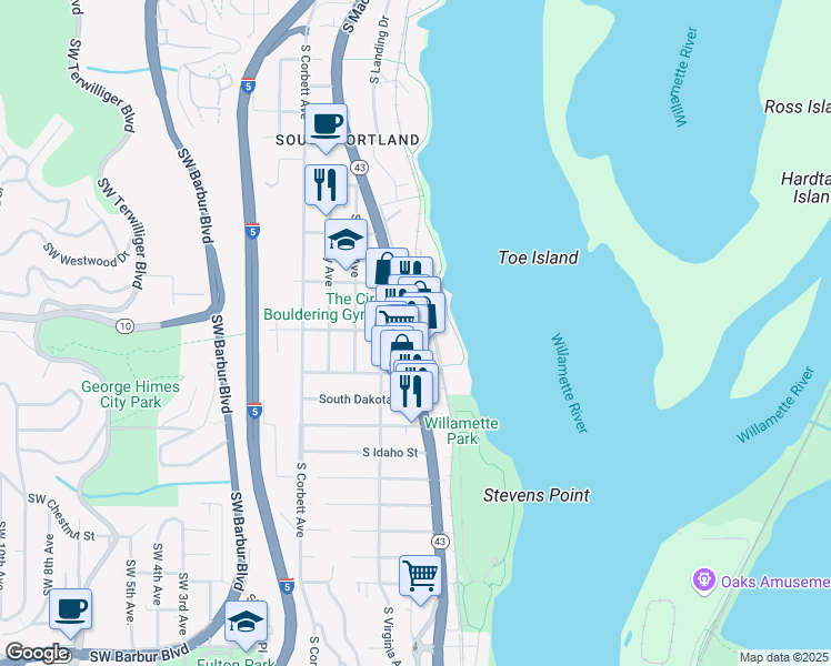 map of restaurants, bars, coffee shops, grocery stores, and more near 6050 Oregon 43 in Portland