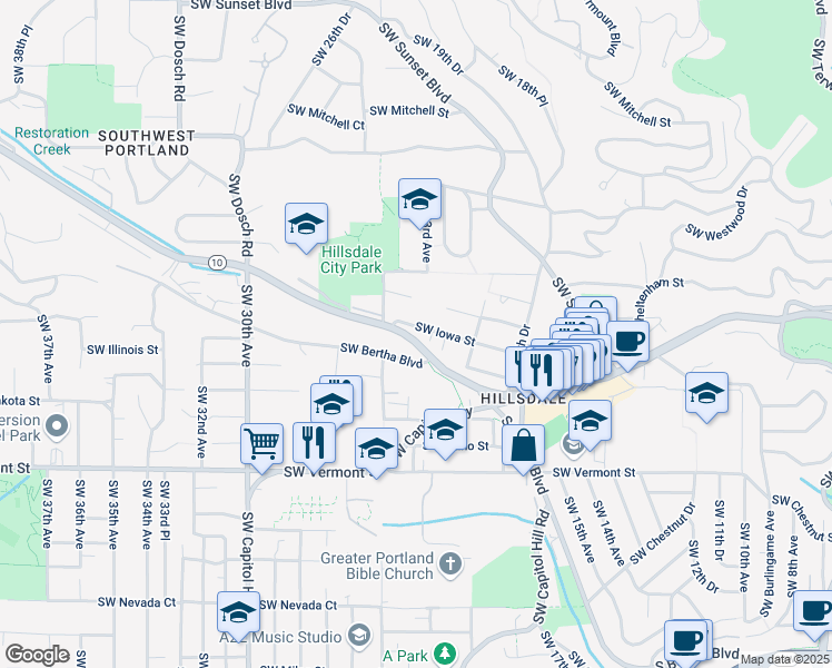 map of restaurants, bars, coffee shops, grocery stores, and more near 2325 Southwest Iowa Street in Portland