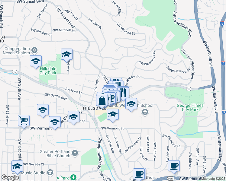 map of restaurants, bars, coffee shops, grocery stores, and more near 1525 Southwest Sunset Boulevard in Portland