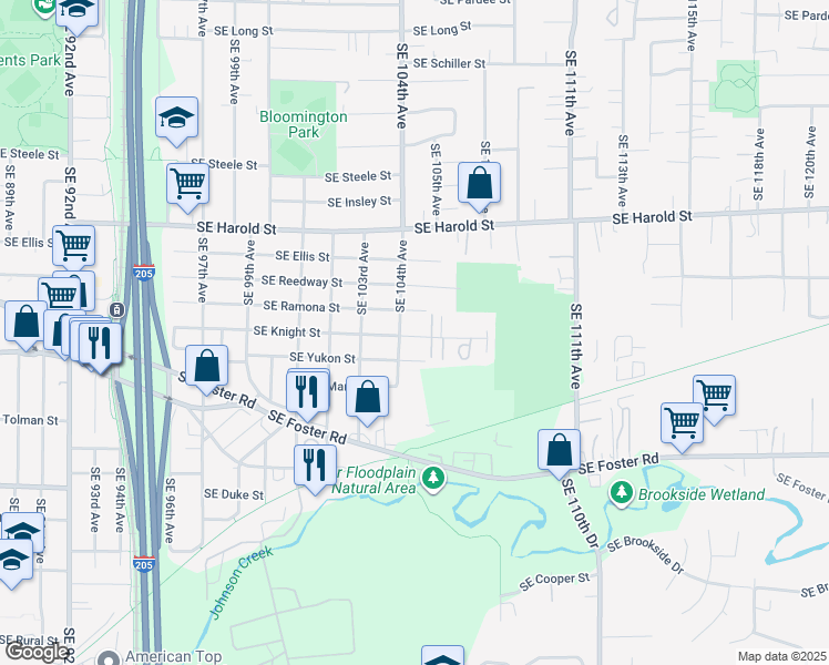 map of restaurants, bars, coffee shops, grocery stores, and more near 10353 Southeast Knight Street in Portland