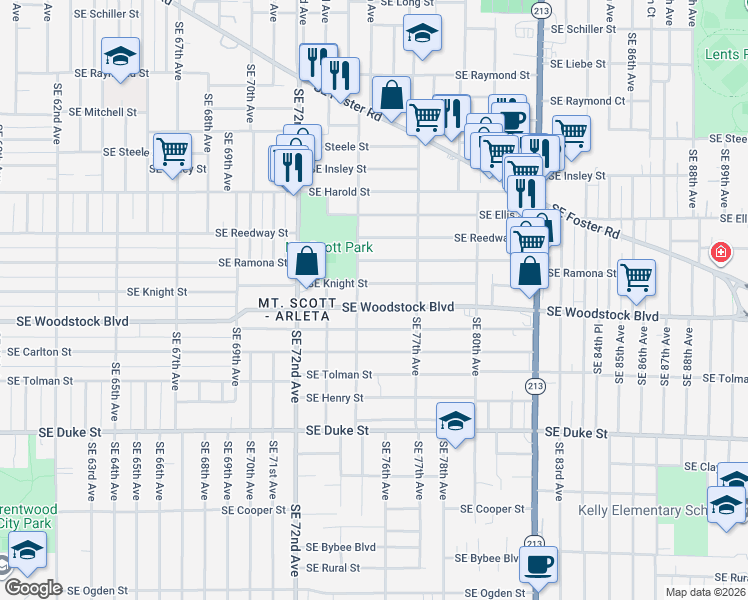 map of restaurants, bars, coffee shops, grocery stores, and more near 7430 Southeast Knight Street in Portland