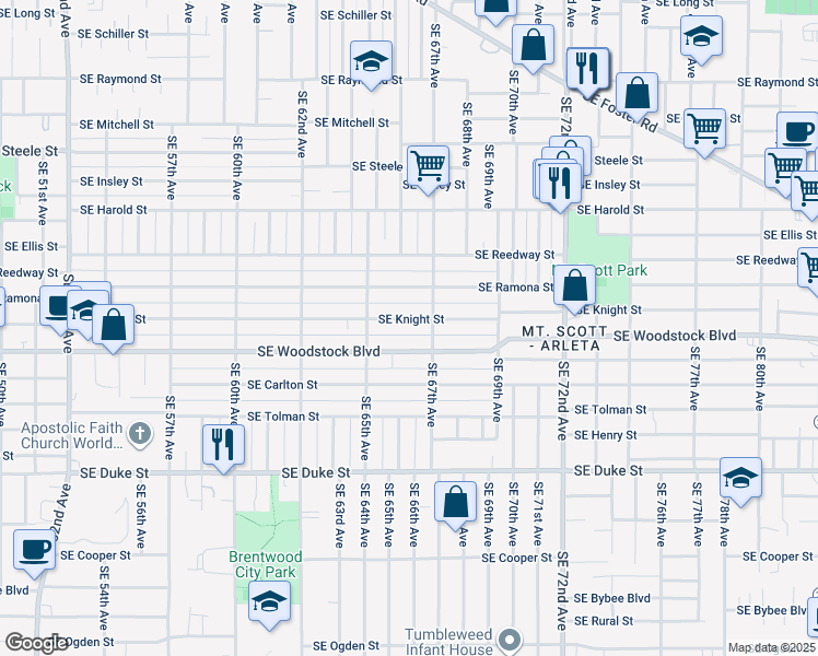 map of restaurants, bars, coffee shops, grocery stores, and more near 6636 Southeast Knight Street in Portland