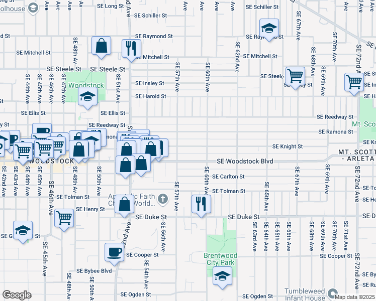 map of restaurants, bars, coffee shops, grocery stores, and more near 5724 Southeast Knight Street in Portland