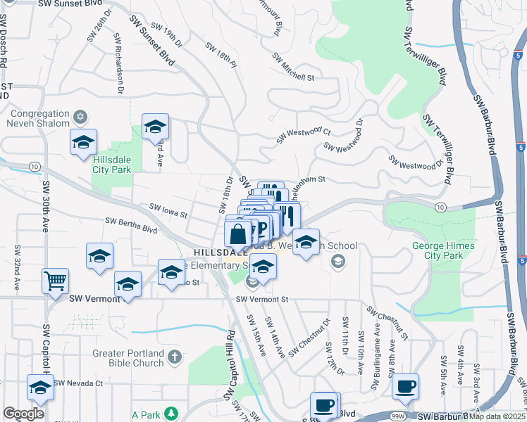 map of restaurants, bars, coffee shops, grocery stores, and more near 1525 Southwest Dewitt Street in Portland