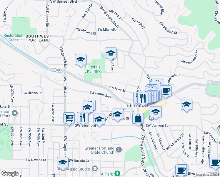 map of restaurants, bars, coffee shops, grocery stores, and more near 2325 Southwest Iowa Street in Portland