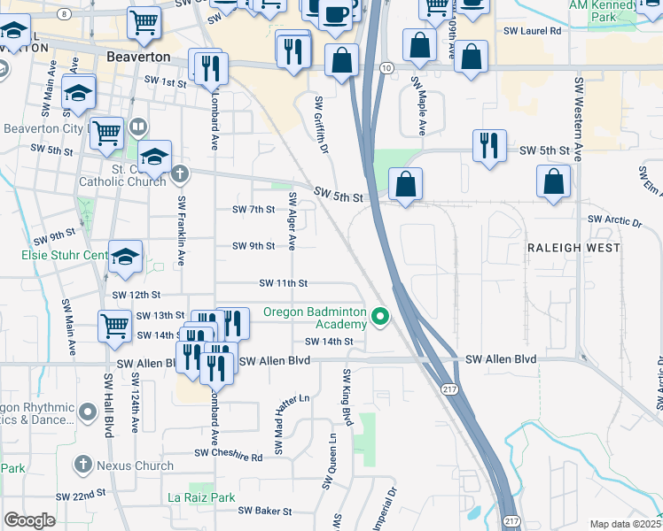 map of restaurants, bars, coffee shops, grocery stores, and more near 5482 Southwest Alger Avenue in Beaverton
