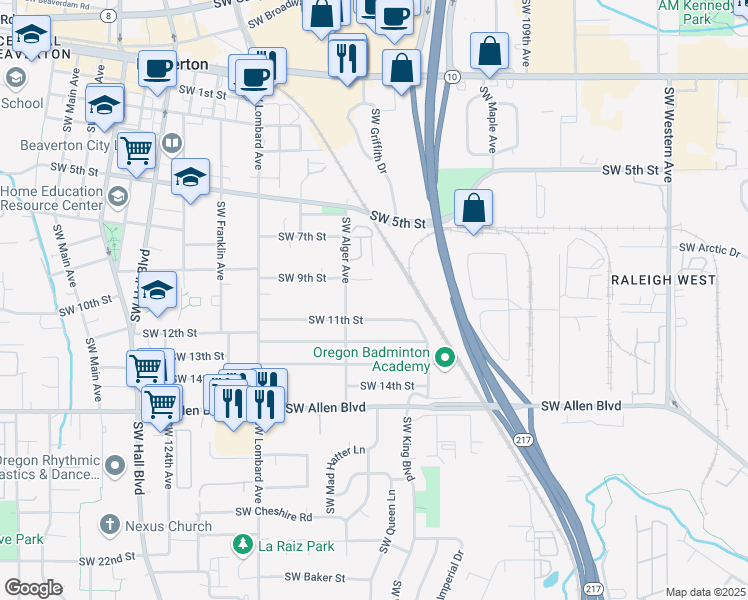 map of restaurants, bars, coffee shops, grocery stores, and more near 5486 Southwest Alger Avenue in Beaverton