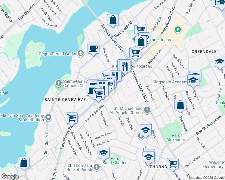 map of restaurants, bars, coffee shops, grocery stores, and more near 15694 Boulevard de Pierrefonds in Montréal