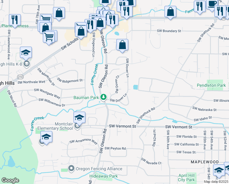 map of restaurants, bars, coffee shops, grocery stores, and more near 5491 Southwest Dover Court in Portland