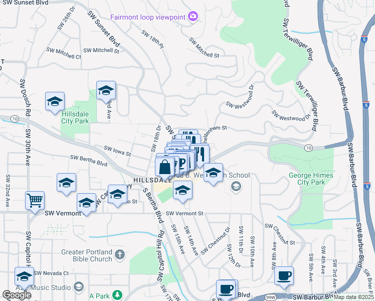 map of restaurants, bars, coffee shops, grocery stores, and more near 1525 Southwest Sunset Boulevard in Portland